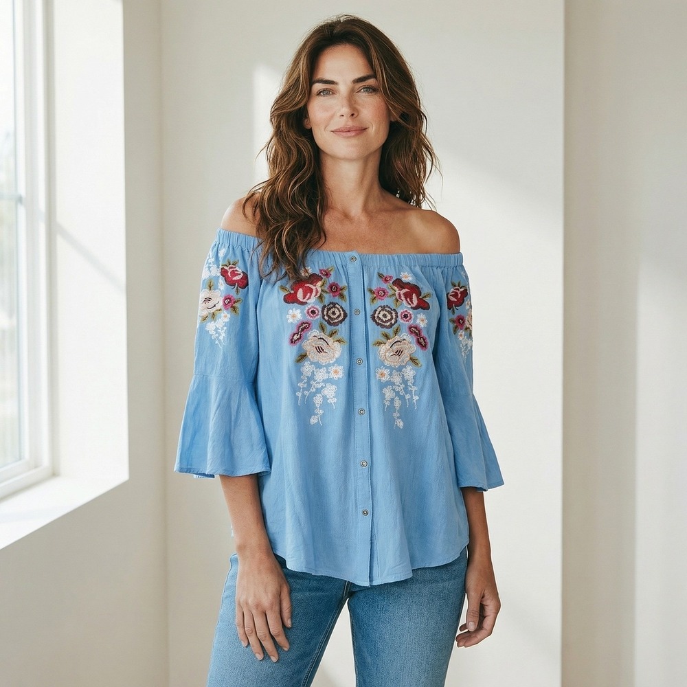 Umgee Blue Floral Embroidered Off The Shoulder Bell Sleeve Blouse XL WG0914